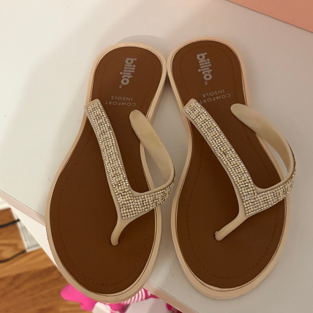 Billito Beige Rhinestone Thong Sandals - Women